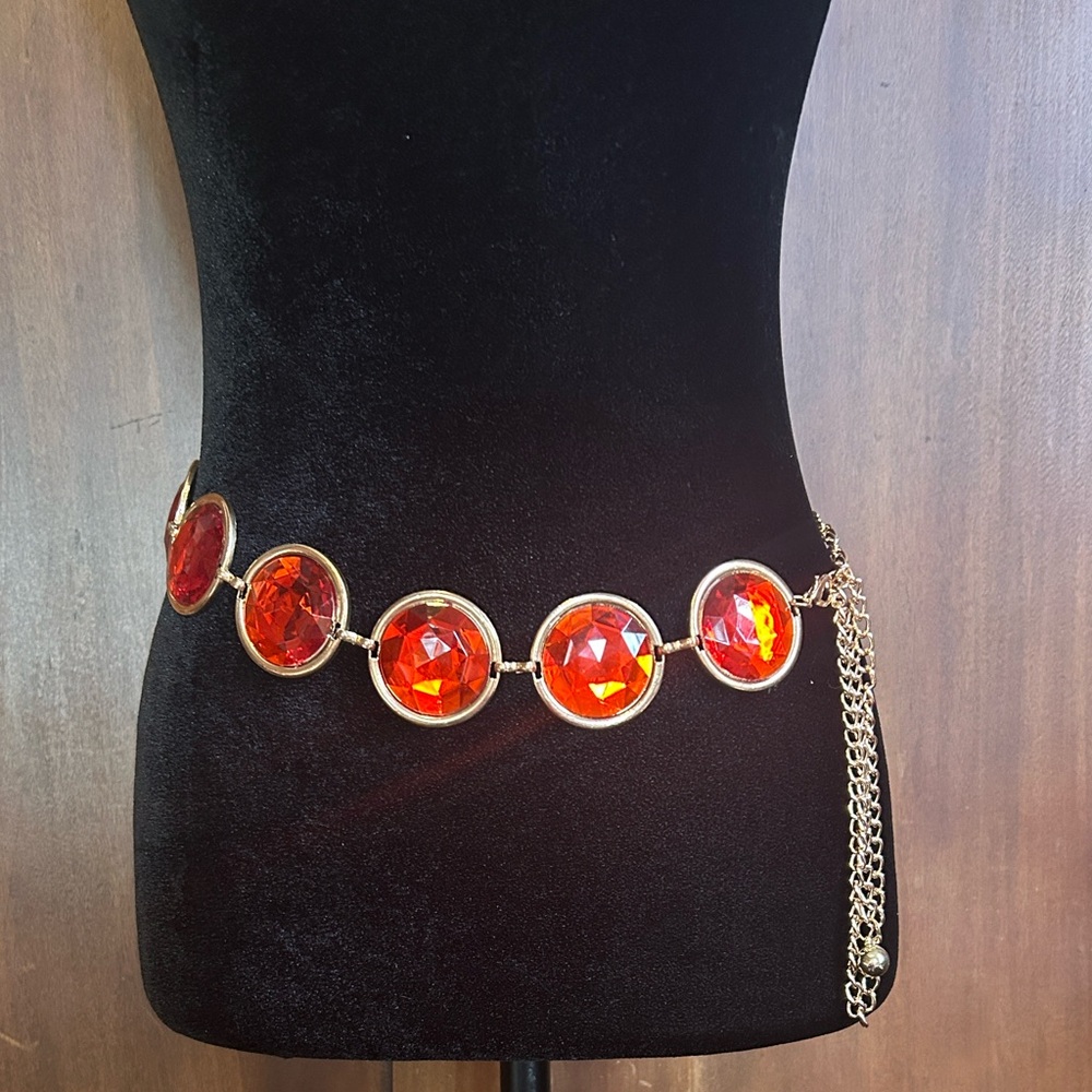 80s Chain Belt with Huge Orange Glass Gems OS